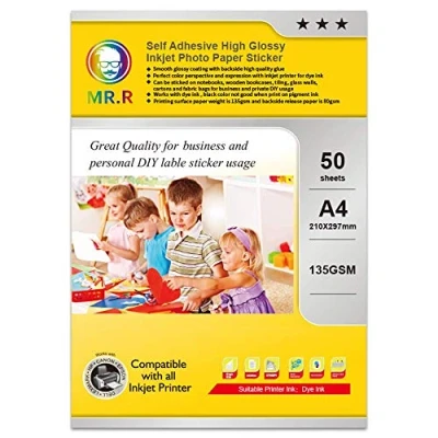 Image de MR.R 135gsm/m² A4x50 feuilles papier photo brillant auto adhésif étiquettes vierges brillantes pour impressions autocollants imprimables adhésifs de qualité