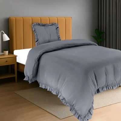 Image de Utopia Bedding Housse de Couette à Volants 135x200 cm avec 1 Taie d&#039;oreiller 80x80 (Gris) Parure lit Personne Ensembles Housses en Microfibre brossée Douce