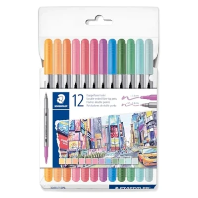 Image de STAEDTLER 3200 C12PA Lot de 12 stylos coloriage Design Journey à double pointe Largeur trait 0,5 3,0 mm couleurs pastel assorties