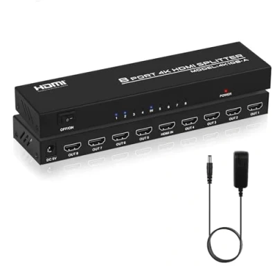 Image de TCNEWCL Répartiteur HDMI 1 entrée 8 Sorties, 1x8 Splitter 4K Distributeur Audio Vidéo avec Adaptateur Secteur, Supporte 3D, HDCP, Compatibilité HDTV, Xbox, PS4, Lecteur Blue Ray, Projecteur