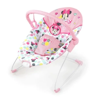 Image de Bright Starts Disney Baby, Transat Minnie Mouse Spotty Dotty Avec Vibrations, 2 Jouets, 3 Points Harnais, Coussin Lavable En Machine, Rose, Dès La Naissance À 9