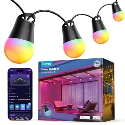 Image de Govee Guirlande Lumineuse d&#039;Extérieur Intelligente 2, 30M RGBIC avec Ampoules LED Blanc Chaud à Intensité Variable, Étanche IP65, Fonctionne Alexa, Contrôle par Application, Adapté pour Cour