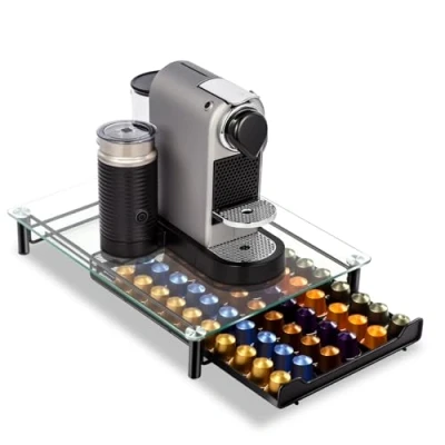 Image de Masthome Tiroir de Rangement pour 60 Capsules Nespresso, Porte Dosette Café avec Présentoir en Verre, Distributeur Maille Plateau Stockage Nespresso