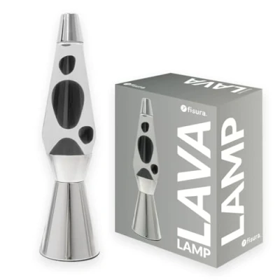 Image de Fisura Lampe à lave noire. Base chromée, noire et liquide transparent. rétro avec ampoule de rechange. 11,5 cm x 40 cm.