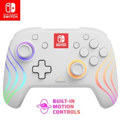 Image de PDP Afterglow Wave Wireless Pro Controller with Full Motion for Nintendo Switch, Switch OLED Model, 8 RGB LED Lighting Zones, 30 Foot Range, 20 Hour Rechargeable Battery White