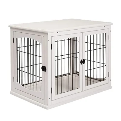Image de Pawhut Cage pour Chien Animaux en Bois MDF Classe E1 3 Portes verrouillables Max. 30 Kg dim. 81L x 58l 66H cm Blanc Noir