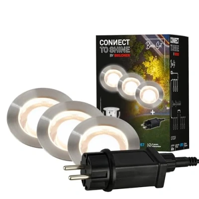 Image de BRILONER éclairage de jardin Connect to Shine 12V, lot 3 spots LED encastrables au sol, kit base avec transformateur, IP67, lumière blanc chaud, 30x26 mm, argent