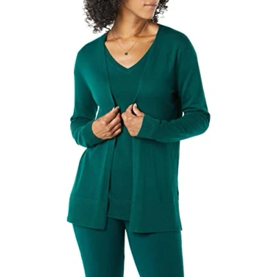 Image de Amazon Essentials Gilet Ouvert sur Le Devant Léger (Grandes Tailles Disponibles) Femme, Vert Foncé, L