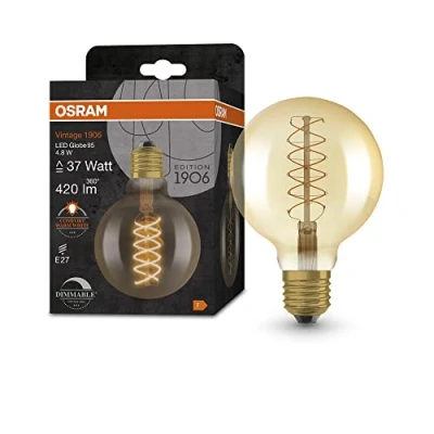 Image de OSRAM Vintage 1906 gold tinted LED lamp, 4.8W, 420lm, globe shape with 125mm diameter &amp; E27 base, warm white light, spiral filament, dimmable, life of up to 15,000 hours