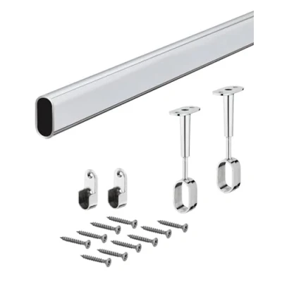 Image de Gedotec Rail Suspension Meuble Ovale Tringle Cintre Fixation Longueur: 1000mm 30 x 15 mm 1 Kit Comprenant 2 supports tube d&#039;armoire pour paroi latérale montage mural &amp; support central