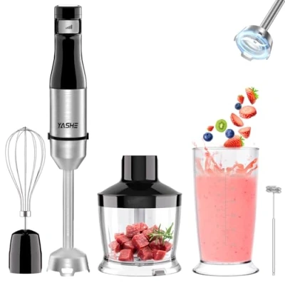 Image de YASHE Mixeur Plongeant 5 en 1, à Main Électrique 1000W, Vitesse Réglable Continu, Acier Inoxydable, Ensemble de avec Hachoir 500ml,Verre Gradué, Fouet et Batteur Lait