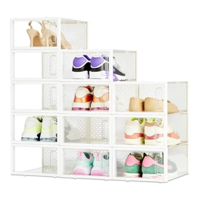 Image de Amazon Basics Lot de 12 boîtes rangement empilables et pliables pour chaussures, taille S, Transparent