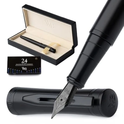 Image de Wordsworth &amp; Black Ensemble de Stylo Plume, Pointe Fine, Inclut 24 Cartouches d’Encre, Convertisseur Recharge d’Encre et Boîte Cadeau, Calligraphie, [Tout Noir], Parfait pour Hommes Femmes