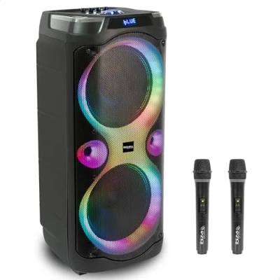Image de Ibiza Columba Karaoke Enceinte Bluetooth avec 2 Micros sans Fil Changeur de Voix, lumières LED, Talkover et Fonction Rec Soirées Karaoké