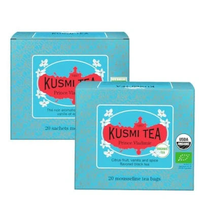 Image de Kusmi Tea Prince Vladimir Lot de 2 boîtes Thé Noir Earl Grey Bio à l&#039;Orange, Aromatisé aux Agrumes, Cannelle, Bergamote, Vanille et Épices caféiné 2x20 Sachets