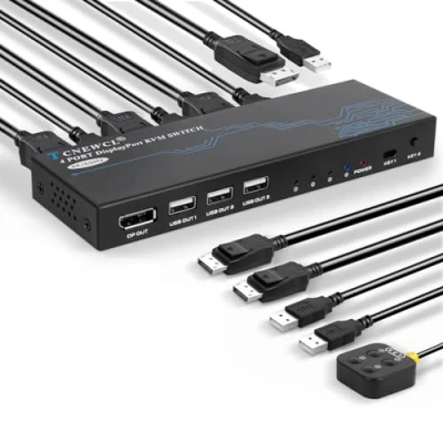 Image de TCNEWCL Commutateur KVM Switch DisplayPort 4 ports, 4K 60 Hz DP USB pour brancher PC sur 1 Écran Souris Clavier Souris, avec Câble et
