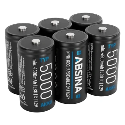 Image de ABSINA 6X Pile Type C Rechargeable 5000 à Faible Auto Décharge LR14 NiMH avec 1,2V &amp; au Minimum 4500mAh Piles Rechargeables C, LR14, Rechargeable, Baby