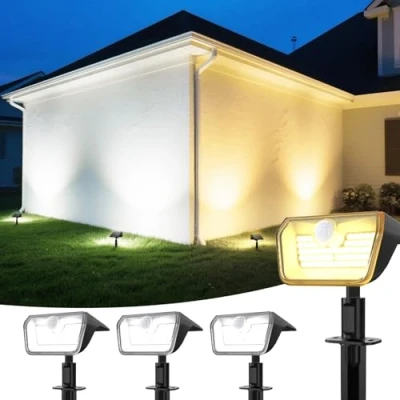 Image de Linkind Spot Solaire avec Detecteur de Mouvement, Lampe Exterieur Blanc Froid&amp;Chaud, Projecteur Indicateur Charge, IP67 Étanche Eclairage pour Chemin, 3 pcs