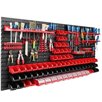 Image de Système de rangement mural pour atelier et garage 172 x 78 cm Avec 74 boîtes empilables supports d’outils Panneau porte outil perforé ultra solide