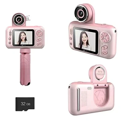 Image de EMEBAY 2.4 Pouces Appareil Photo Numérique avec Support de Trépied pour Enfants, Mini Caméra Selfie Rechargeable Caméscope 32G SD Carte Vidéo HD 1080p, Cadeau Jouet Filles Garçons