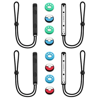 Image de Vicloon 2 Paires Dragonnes pour Switch Joycon, Contrôleur de Poignet, avec 8 Capuchons Poignée Pouce, Dragonne Poignet Élastique Réglable (Noir)