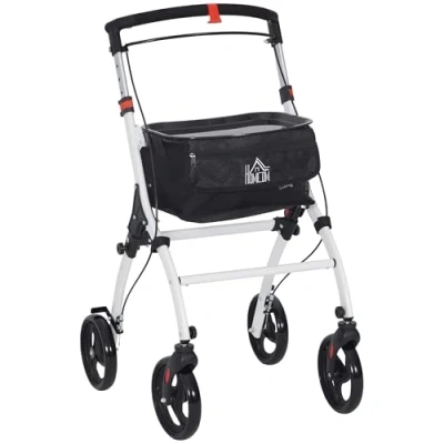 Image de HOMCOM déambulateur 4 roues pliable leger, rollator en aluminium cadre de marche léger, sac rangement, plateau, double frein, hauteur poignée réglable, pour personnes âgées, blanc