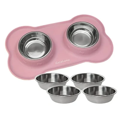 Image de KaraLuna Tapis pour Gamelle en Silicone avec gamelles Acier Inoxydable I Chats Petits Chiens Lot de Chat (200ml, Rose)