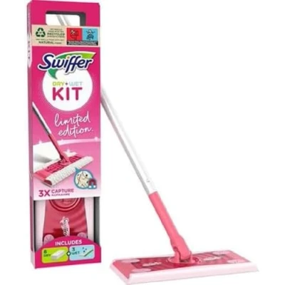 Image de Swiffer Kit de Nettoyage pour poussière sèche, 1 Balai Rose + 8 Chiffons secs 3 humides, Capture et piège la des Poils, élimine saleté Les bactéries, Tous Types