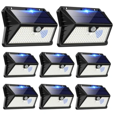 Image de OUILA Lumiere Solaire Exterieur 8 Pack, 3 Modes Avec Detecteur, 185 LED Spot Exterieur, IP65 Eclairage Mural d&#039;extérieur pour Jardin(Blanc Froid)