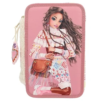 Image de Depesche 12583 TOPModel Cosy Trousse remplie à 3 Compartiments, Motif avec Fourrure synthétique en Peluche, Crayons de Couleur, règle, Ciseaux, etc., Vieux Rose, Sac bandoulière