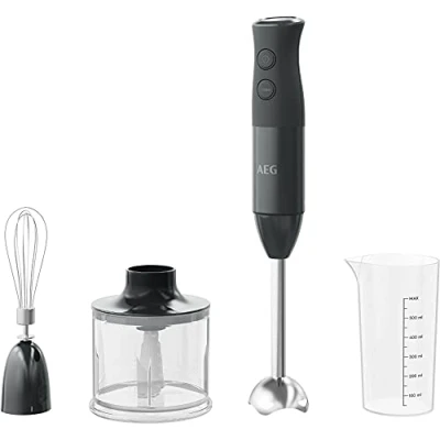 Image de AEG HB4 1 6GG Mixeur plongeant avec accessoires, puissance 600 W, 10 vitesses, fonction Turbo, mini hachoir, bras batteur, verre gradué 0,6 l, gobelet lavable au lave vaisselle, sans BPA, noir