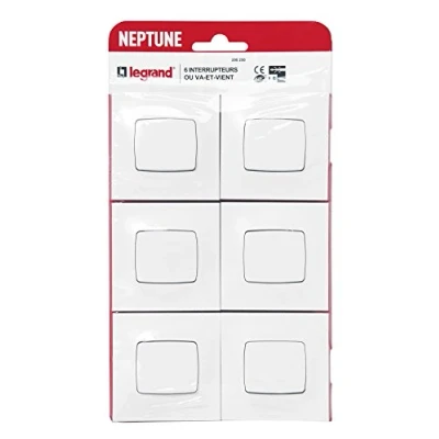 Image de LEGRAND Interrupteur ou Va et vient Neptune 10A Commande d&#039;Éclairage Monobloc Prêt à Installer Blanc Lot de 6
