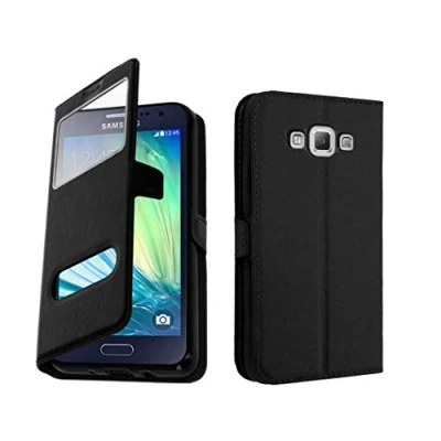 Image de Tenphone Etui pour Samsung A3 2015, Housse avec 2 Fenêtres, PU Cuir, Fermeture Magnetique, Compatible Version 2015 réf. A300F A300FU A300G A300H A300M. (Noir)