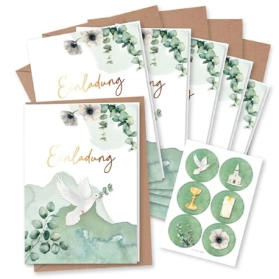 Image de Papierdrachen Lot de 6 Cartes d&#039;invitation pour fêtes chrétiennes telles que baptême, communion, confirmation, motif eucalyptus pliantes avec enveloppe et autocollants assortis DIN A6