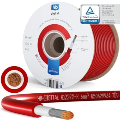 Image de hb digital 30m Câble Solaire H1Z2Z2 K testé par le TÜV Rheinland 6 mm² Résistant aux UV 1500 V Flexible Cuivre pur Cable d&#039;extension photovoltaïque pour panneau solaire, onduleur et