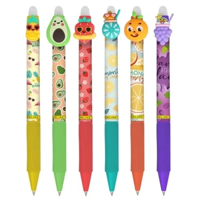 Image de Online magiXX Lot de 6 stylos à effacer Fun Fruits Stylo gel bleu effaçable avec une épaisseur trait 0,7 mm Pour apprendre écrire, bureau Compatible la mine Frixion bille