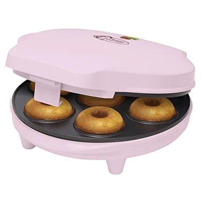 Image de Bestron Appareil à Donuts au Design Rétro, Mini Machine pour 7 petits Donuts, inclut Témoin de Cuisson &amp; Revêtement Antiadhésif, 700 Watts, Sweet Dreams Collection, Couleur: Rose