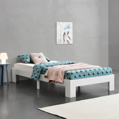 Image de Cadre de Lit Solide Design à Sommier Lattes Simple Stylé en Pin et Bois Stratifié Capacité Charge 100 kg 90 x 200 cm Blanc