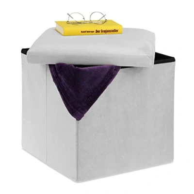 Image de Relaxdays Tabouret, Siège avec Rangement, H x L P : 38 cm, Pliable, Tabouret en MDF et Velours, Gris