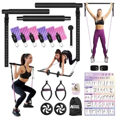 Image de Ensemble de Barres Pilates, 6 x Bandes Fitness, résistance avec Barre, poignées, ancrages Porte, Sangles Pieds, et pour Salle Sport intérieure extérieure