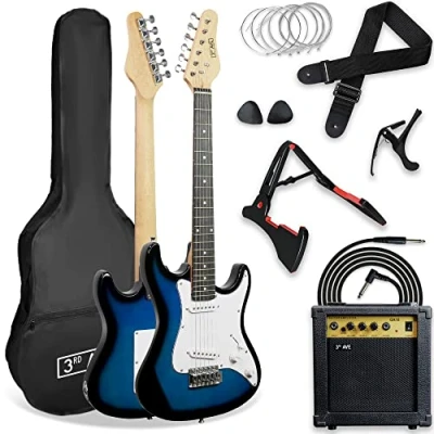 Image de 3rd Avenue XF Pack Ultime Guitare Électrique Taille 3/4 avec Ampli 10 W, Jack, Stand, Housse, Sangle, Jeu de Cordes Rechange, Médiators et Capodastre Bleu