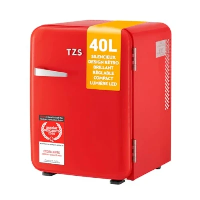 Image de Mini réfrigérateur 40L, totalement silencieux, design rétro, 2 compartiments de porte + 6 étagères flexibles Rouge