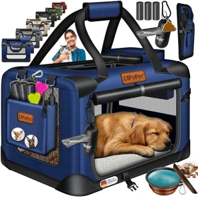Image de Lovpet® Caisse pour Chien de Transport Pliable avec écuelle Sac Animaux domestiques, Chiens et Chats, Bleu Marine, XL