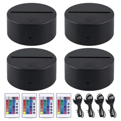Image de Lot de 4 lampes nuit LED 3D Socle avec télécommande et câble USB Lampe illusion 7 couleurs Intensité variable décoration pour chambre d&#039;enfant, à coucher, salon,