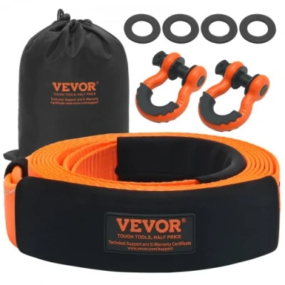 Image de VEVOR Sangle de remorquage robuste, 76,2 mm x 6.1 m, corde treuil pour sauve arbre, 16329 kg, boucle triple renforcée, manchons protection, sac rangement, manilles à anneau D, camion Jeep SUV