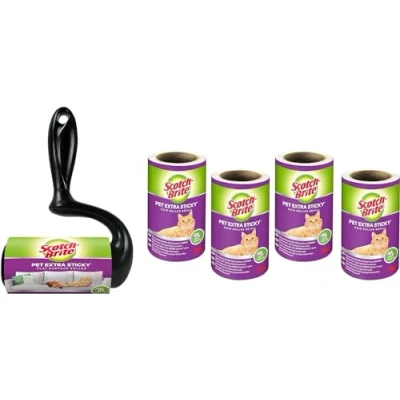 Image de Scotch Brite Pet Extra Sticky Brosse Adhésive pour Poils d&#039;animaux + 4 Recharges (48 Feuilles), 240 Feuilles au Total, Blanc