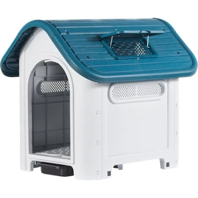 Image de Lanco Niche pour Chiens de Taille Moyenne avec Toit ouvrant réglable et Toilettes. Utilisation intérieure extérieure aérations. Matériau résistant. 87x72x75cm. Bleu Blanc.