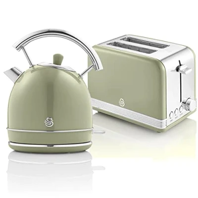 Image de Swan Retro Ensemble Petit Déjeuner, Bouilloire 1,8L avec Élément Chauffant en Acier Inox, Grille pain à Fente Large 2 Tranches, Régulateur de Grillage 6 Niveaux, Design Vintage, Vert