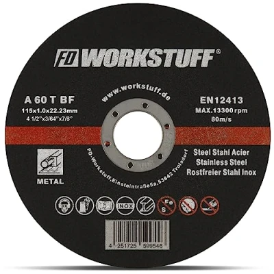 Image de Disques flexibles professionnels FD Workstuff │ Paquet de 10 Diamètre 115 mm, épaisseur 1 mm pour Flex Meuleuses coupe et d&#039;angle Acier inoxydable dans une boîte en fer