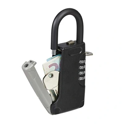 Image de Relaxdays Boîte à clés avec Anse, Code 4 Chiffres, extérieur, Petit boîtier clefs, HxLxP : 14,5 x 6 2 cm, Noir
